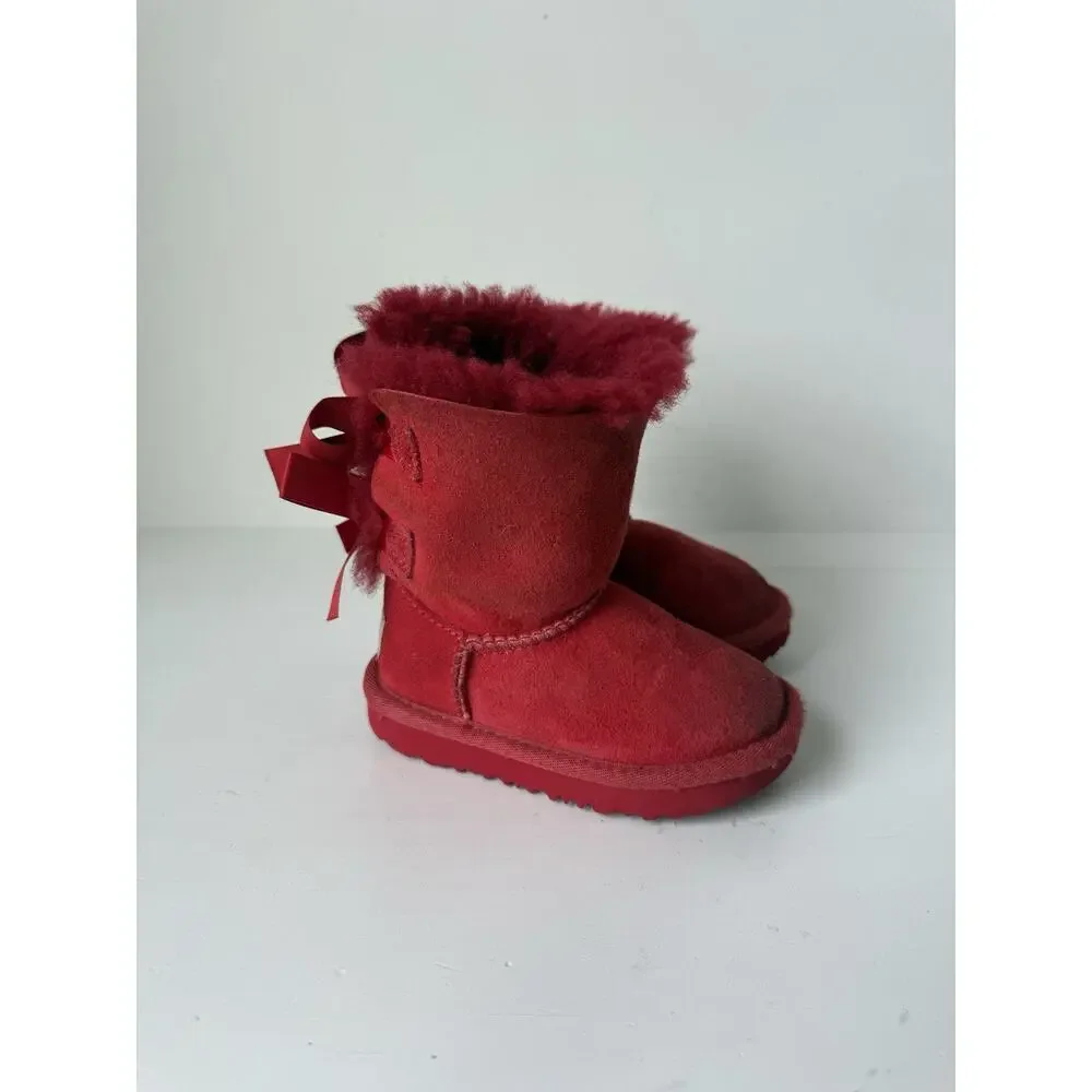 UGG Bailey Bow Boots Toddler Girls 7 Red Suede Sheepskin Fur